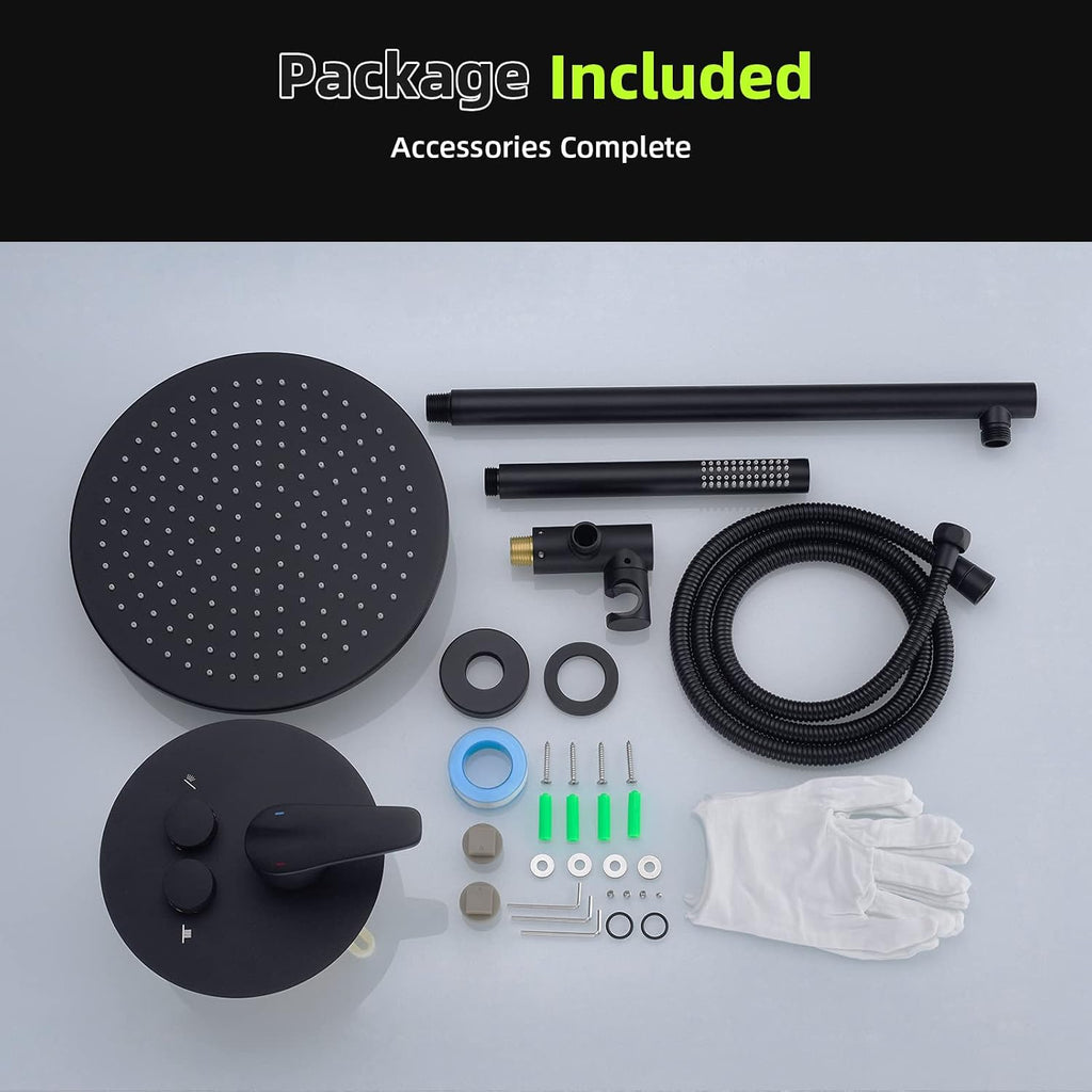 TRUSTMI 10 Inch Matte Black Shower System Push Button Diverter Wall Mounted Round Rainfall and Handheld Shower Trim Kit with Valve (Pressure Balance)