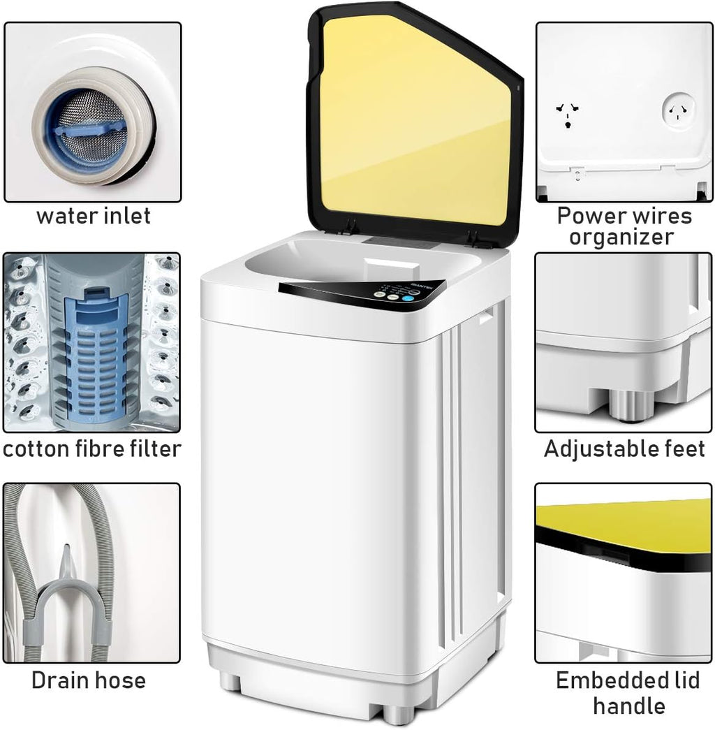 Giantex Full-Automatic Washing Machine Portable Washer and Spin Dryer 7.7lbs Capacity Compact Laundry Washer with Built-in Barrel Light Drain Pump and Long Hose for Apartments Camping (White & Yellow)