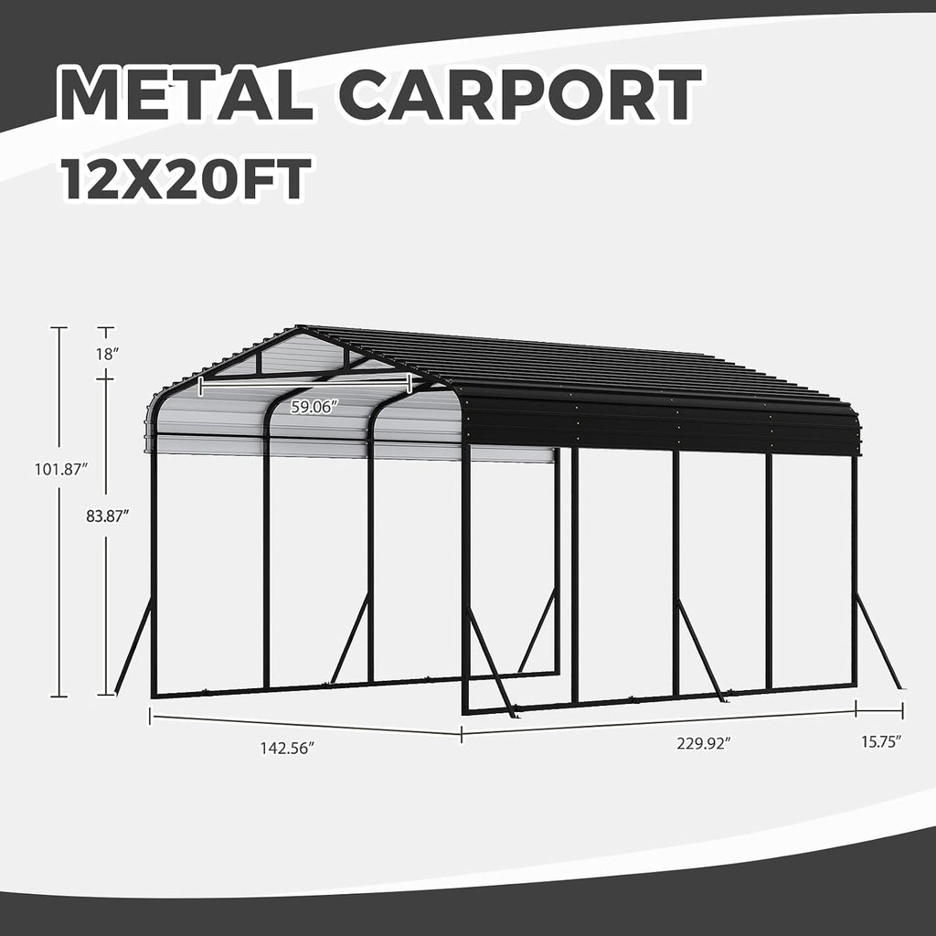 12x20 FT Metal Carport, Garage with Updated Frame Structure, Galvanized Steel Roof and Enhanced Base Canopy, Metal Garage Car Shelter Shade for Car, Boats and Truck