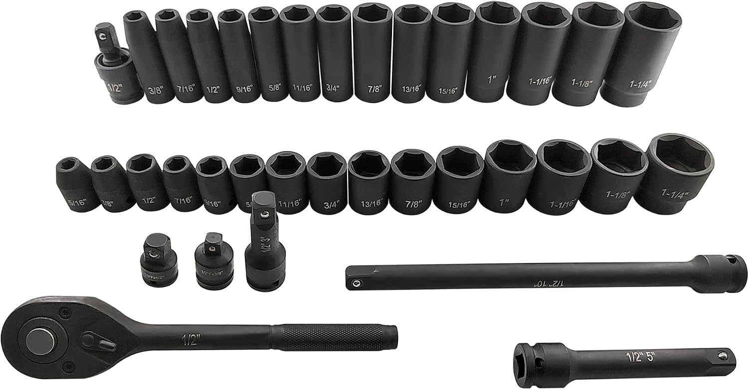 70pcs 1/2' Drive Impact Socket Set, Cr-V Steel, SAE & Metric, Standard/Deep Sockets with 72 Teeth Ratchet Handle, Extension Bar, and Adapters