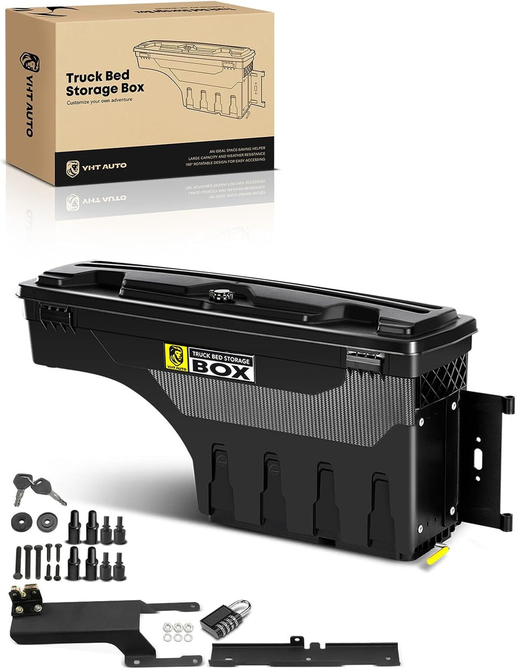 YHTAUTO Truck Bed Storage Tool box Lockable Compatible with 2015-2026 Ford F-150, Without Bed Rail Storage, Passenger Side, Swing Waterproof Wheel Well Toolbox