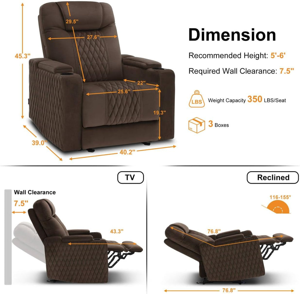 MCombo Zero Gravity Oversized Power Recliner Chair for Adults with Power Headrest & LED Light, Fabric Recliner Chair for Living Room & Home Theater, USB & Type C Port, Armrest Storage HTS401