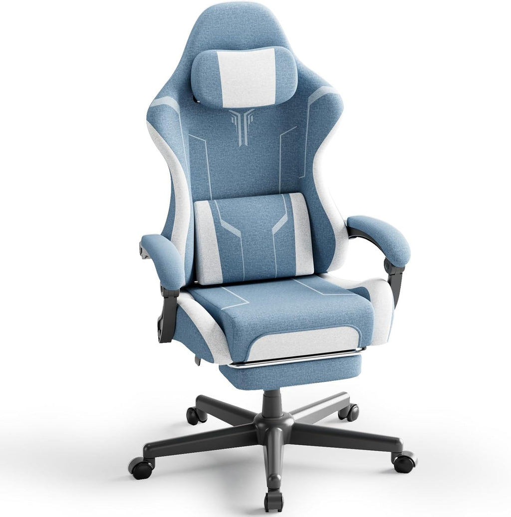 Ferghana Gaming Chair, Cloth Fabric Ergonomic Computer Chair with Massage Lumbar Support, High Back Office Game Chair with Footrest and Linkage Armrest for Adult, Blue/White