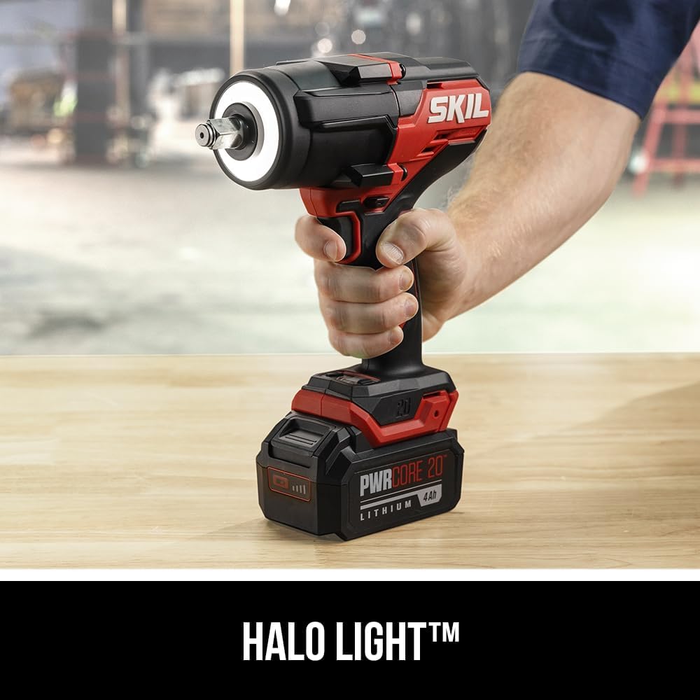 SKIL PWR CORE 20 Brushless 20V 1/2-Inch Mid-Torque Impact Wrench Kit, Includes 4.0 Ah Battery and Auto PWRJump Charger- IW5761B-10