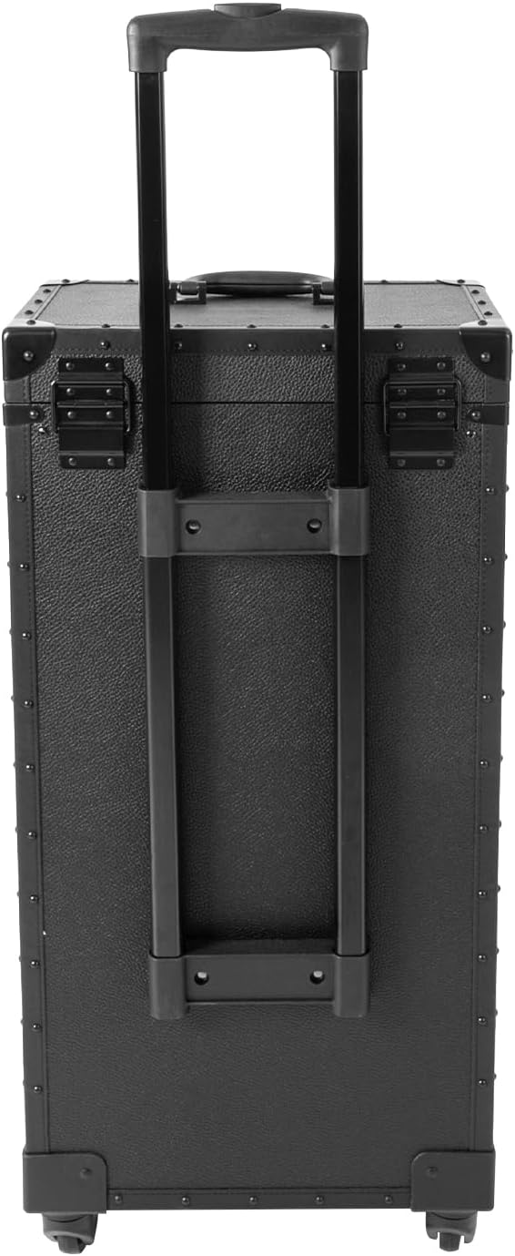 Rolling Lockable Makeup Train Case, Cosmetology Case on Wheels Hairstylist Traveling Bag with Hairdryer Holder, Salon Storage Toolbox with Carry Handle and Trolley (Pure Black)
