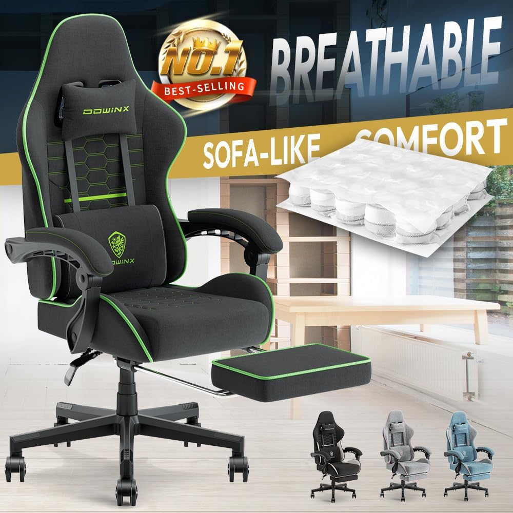 Dowinx 5TE8 Gaming Chair Fabric with Pocket Spring Cushion, Massage Game Chair Cloth with Headrest, Ergonomic Computer Chair with Footrest 290LBS