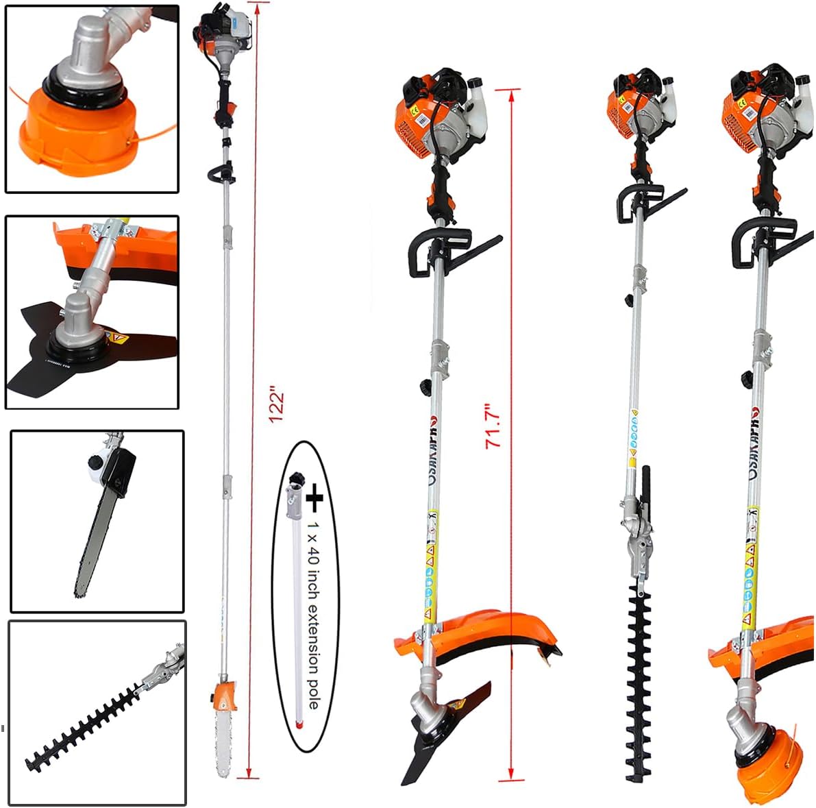 52cc 2-Cycle Gas Multi-Trimmer | 10-in-1 String Trimmer w/Rotatable 40' Pole Saw, Weed Eater Weed Wacker, Brush Cutter & Hedge Trimmer Gas for Lawn, Yard, Garden Care, All-in-one Garden Tool