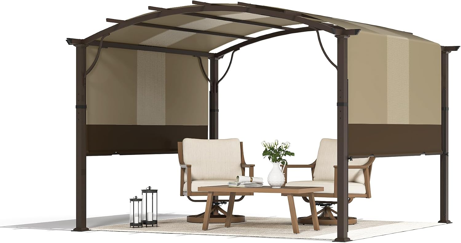 HAPPATIO 10' x10' Outdoor Retractable Pergola, Aluminum Pergola with Canopy Fixed in Various Positions, Arched Roof with Sun Shade Canopy, Metal Frame for Backyards, Gardens, Patios (Brown)