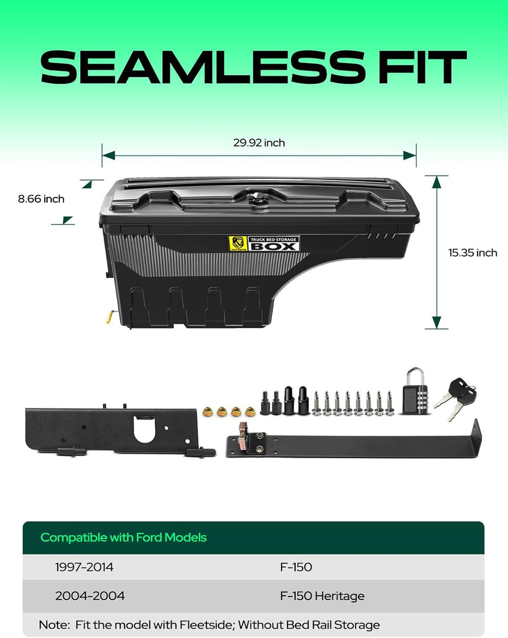 YHTAUTO Driver Side Truck Bed Storage Tool Box Compatible with 1997-2014 Ford F-150 & 2004 F-150 Heritage Fleetside, Without Bed Rail Storage, Lockable Swing Waterproof Wheel Well ToolBox