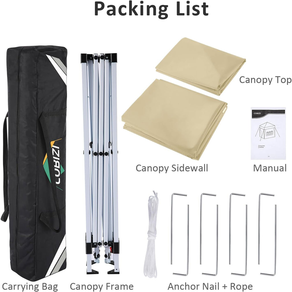 COBIZI 10x10 Pop Up Canopy Tent with 4 Sidewalls,10x10 Easy Up Waterproof Canopy Tents for Parties Camping Exhibition, Outdoor Easy Set U Gazebo Tent with Carry Bag,8 Stakes & 4 Ropes (Khaki)