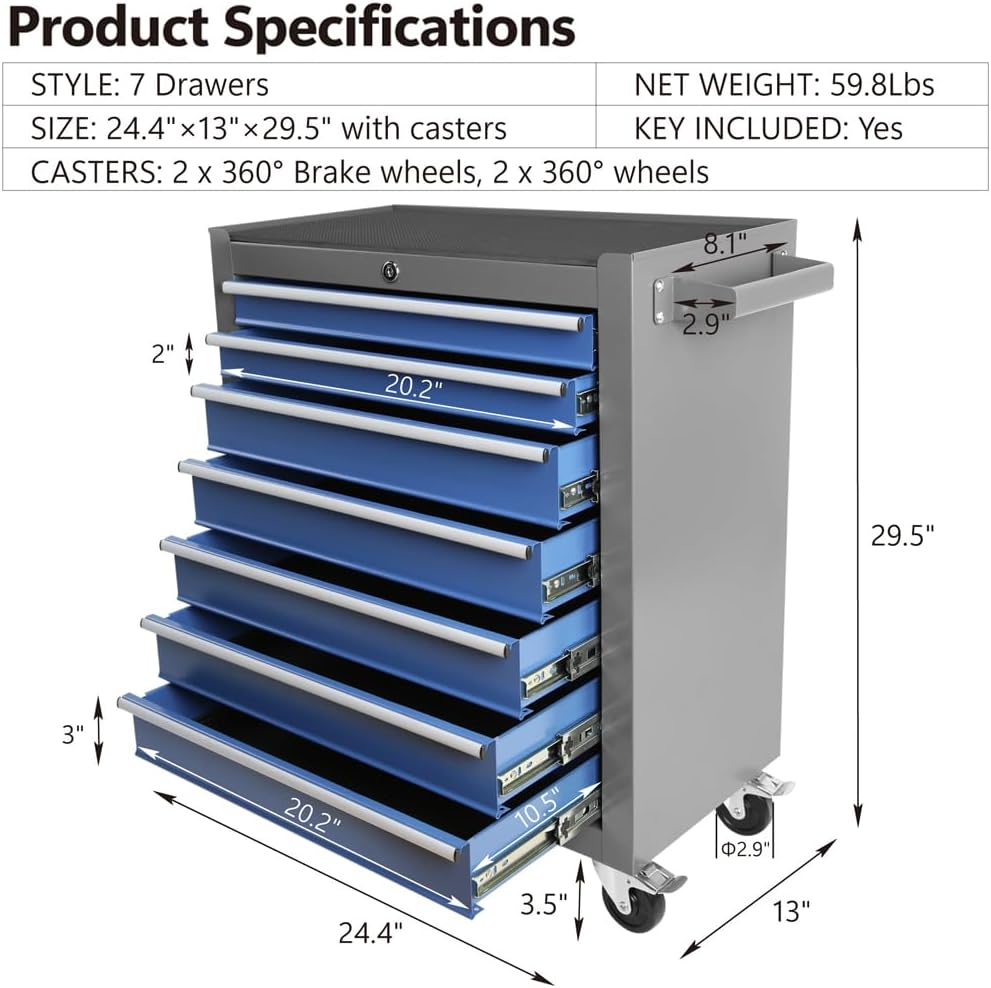 7 Drawer Rolling Tool Cart, Rolling Tool Box on Wheels, Lockable Home Repair Tool Storage Organizer, Tool Chest Cabinet for Mechanic Garage, Workshop, Home Crafts Use (Blue+Grey, 7 Drawer)