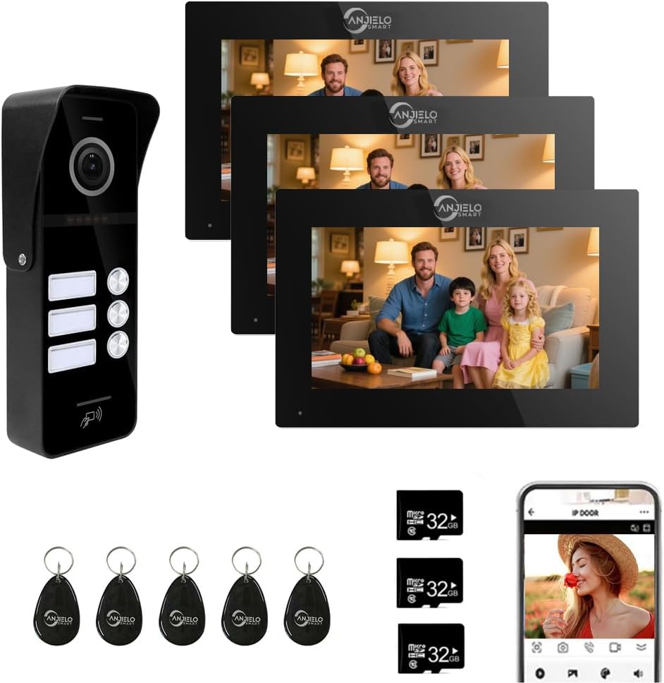 Wired Video Doorbell Intercom System 3 Unit 7 Inch Monitor Door Phone Kit 1080P Camera Night Vision,Support Remote Unlock Door Release,Snapshot for Home Vally Apartment (1 doorbell(b)+3 minitor(b))