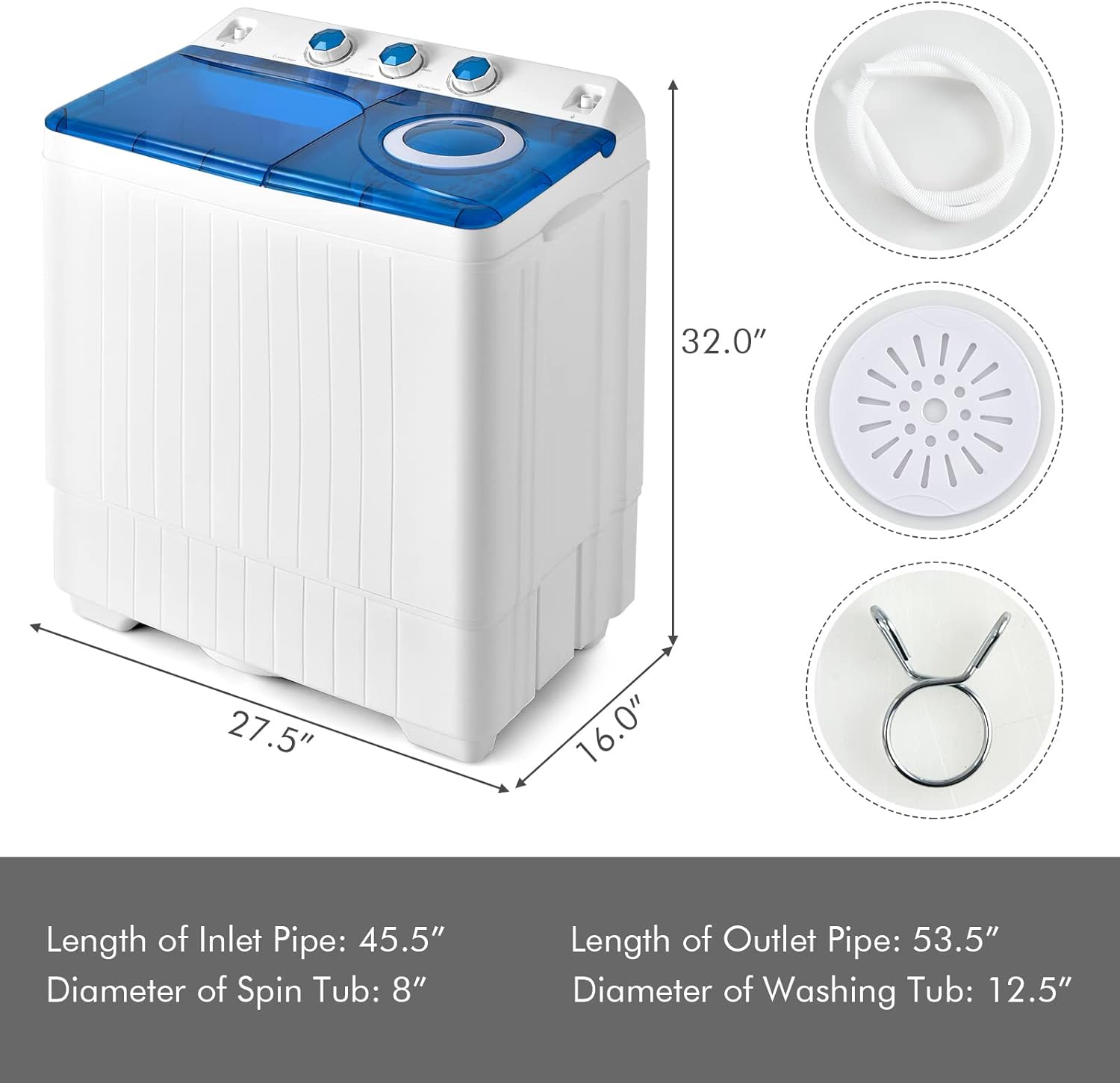 COSTWAY Portable Washing Machine, Twin Tub 26lbs Capacity Laundry Washer, 18lbs Washer and 8lbs Spinner Combo with Timer Knobs, Built-in Drain Pump, Compact Washer for Home Dorm Apartment, Blue+White