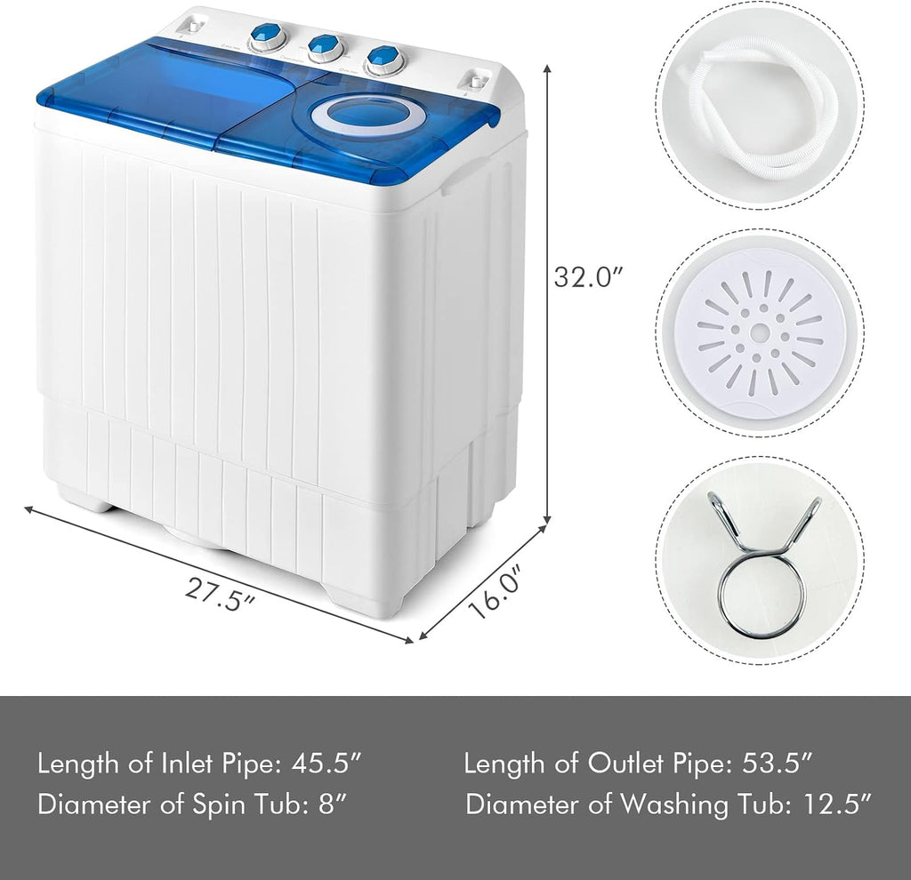 COSTWAY Portable Washing Machine, 2-in-1 Twin Tub 26lbs Capacity Laundry Washer(18lbs) and Spinner(8lbs) with Control Knobs, Timer Function, Drain Pump, Perfect for Home Apartment RV, Blue