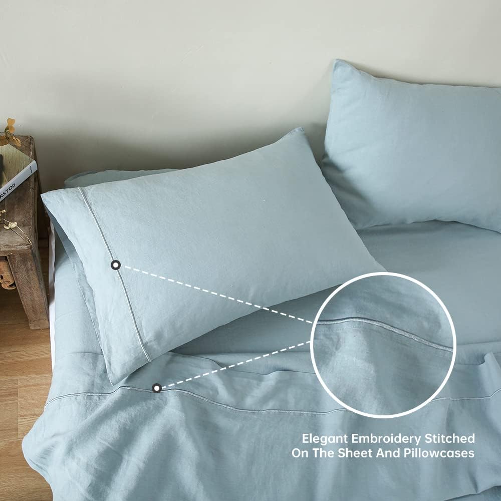 Simple&Opulence 100% Linen Sheet Set with Embroidery Washed - 4 Pieces (1 Flat Sheet & 1 Fitted Sheet & 2 Pillowcases) Natural Flax Soft Bedding Breathable Farmhouse - Dusty Blue, Queen Size