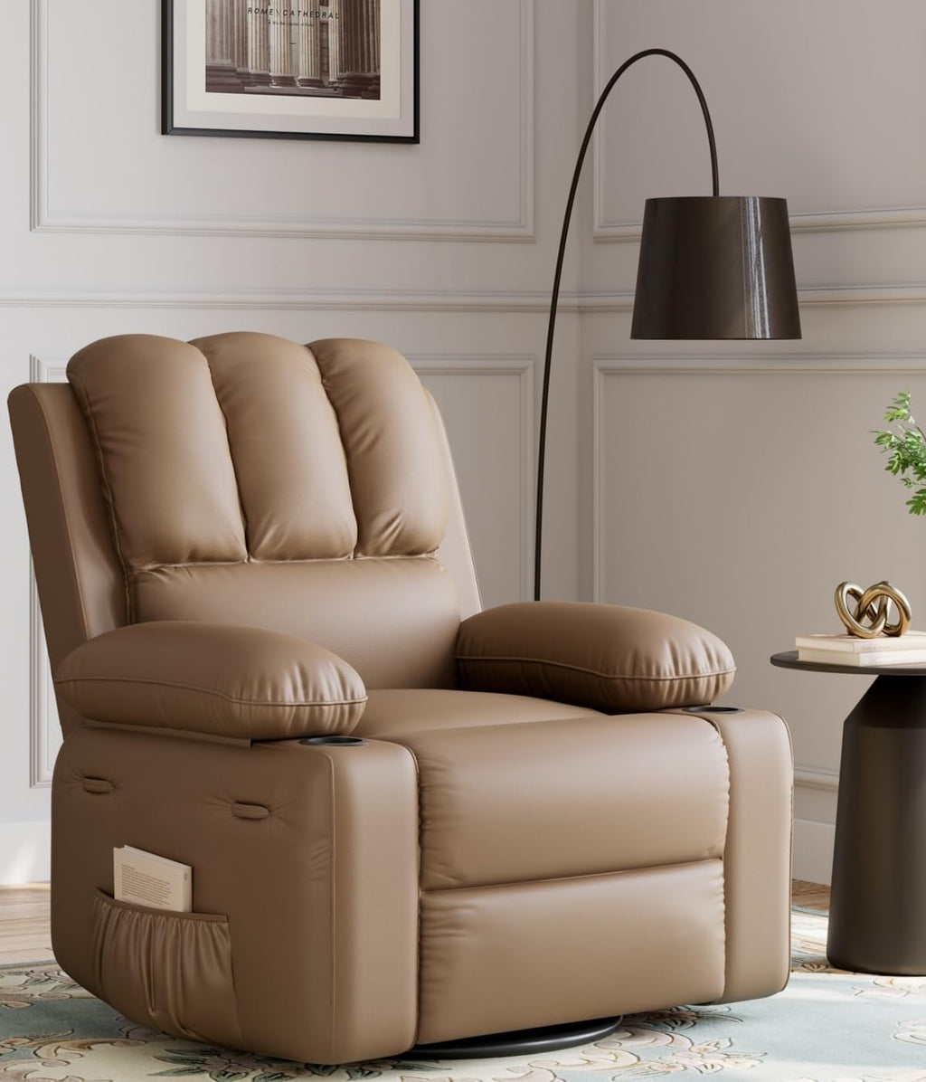 Oversized Recliner Chairs with Massage and Heat, Leather Recliner Chair for Adults, Manual Chair with Cup Holder for Living Room, Bedroom and Nursery (Tan-1)