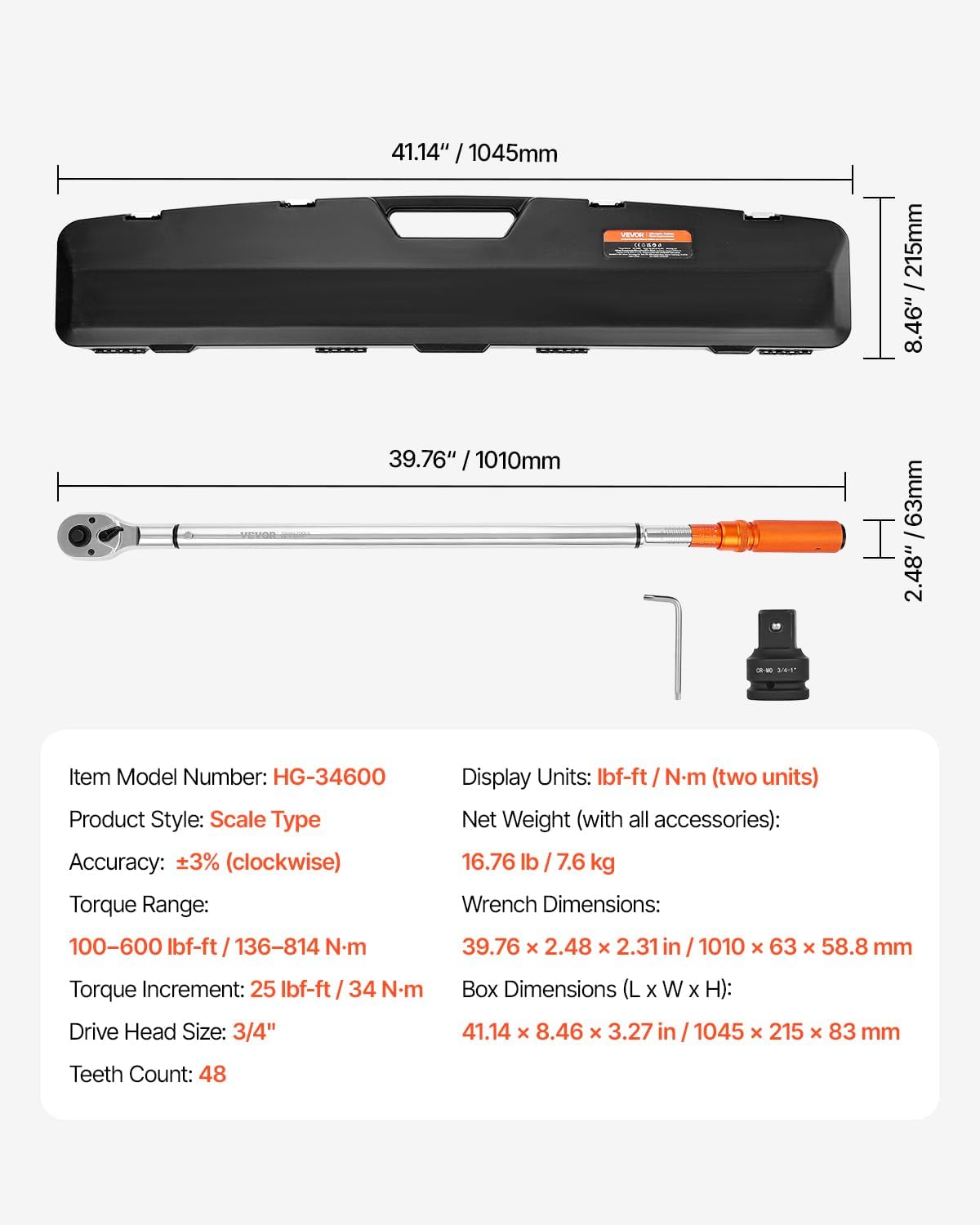 VEVOR 3/4 Inch Drive Torque Wrench 100-600fFT.LB/136-814Nm, 1 Inch Adapter, Split Beam, 48'' Length, less effort for Off-road Equipment,Truck,Motor Homes & Drilling Platform