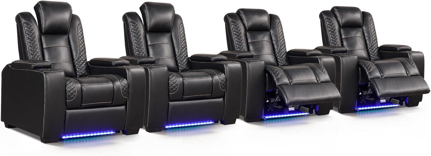 ANJ Power Recliner Chair Set of 4, Electric Recliner with Adjustable Headrest, Dual Motor Home Theater Seating with USB Port, Cup Holders, LED Lights, Hidden Arm Storage – PU Leather,Black