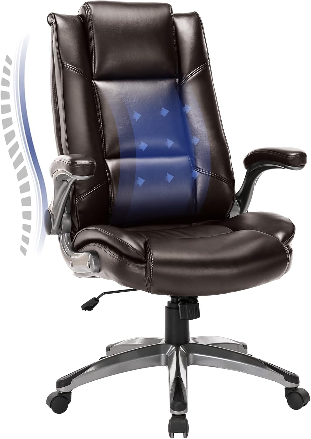 COLAMY Leather Executive Office Chair - High Back Ergonomic Home Computer Desk Chair with Padded Flip-up Arms, Adjustable Tilt Lock, Swivel Rolling Chair for Adult Working Study, Brown