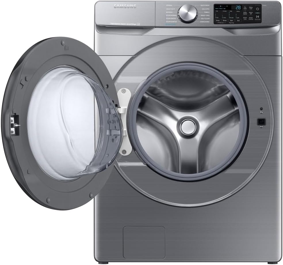 Samsung 4.5 Cu. Ft. High-Efficiency Stackable Smart Front Load Washer with Steam and Super Speed Wash, Platinum, WF45B6300AP/US
