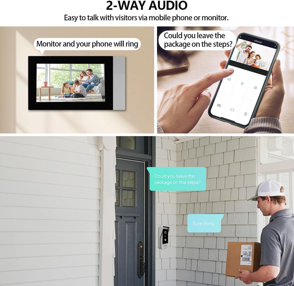 Video Doorbell with 7-inch LCD Monitor, Call Button Tuya WiFi Intercom Kit Smart Video Door Phone System 1080P 4-Wired Doorbell Camera Full Touch Monitors for Villa Home (Silvery)