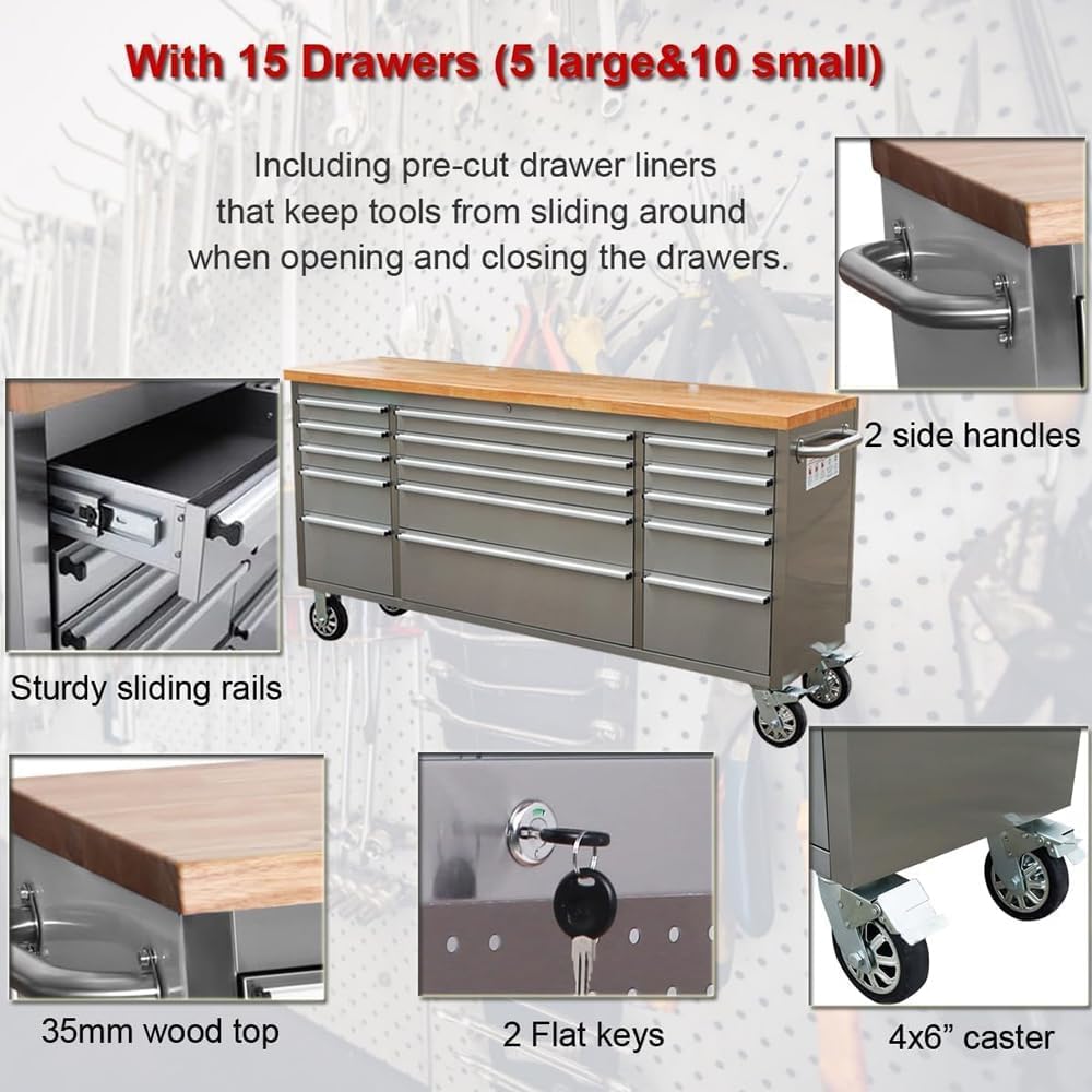 AnorTrek 72 inch Tool Chest with 15 Drawers for Garage, Workbench and Repair Store, Tool Cabinet in Stainless Steel (72 inch - Stainless Steel)