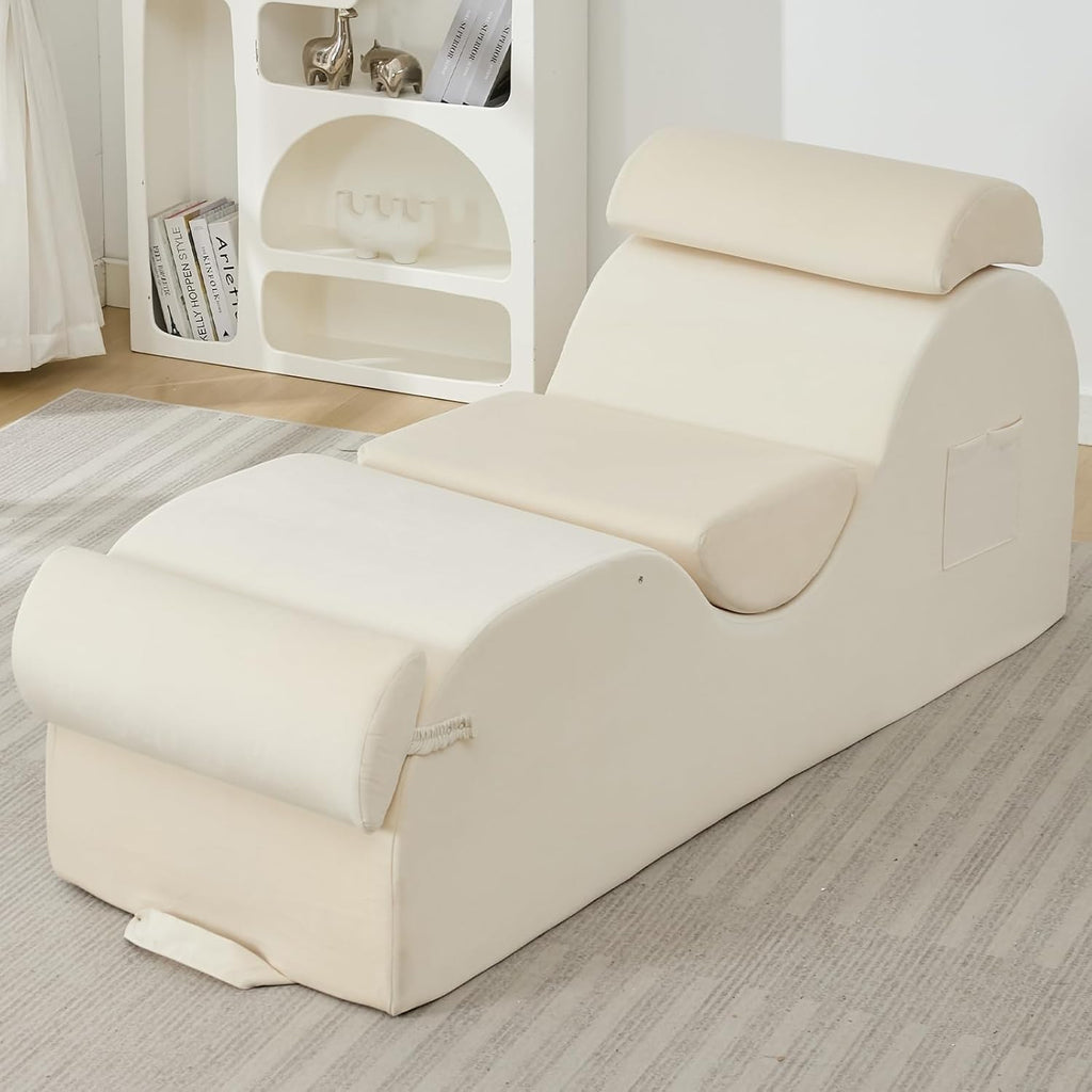 ijuicy 25 Inch Yoga Stretch Chair, Velvet Household Fitness Training Chair, Indoor Relaxation Recliner with Headrest & Adjustable Footrest, Beige