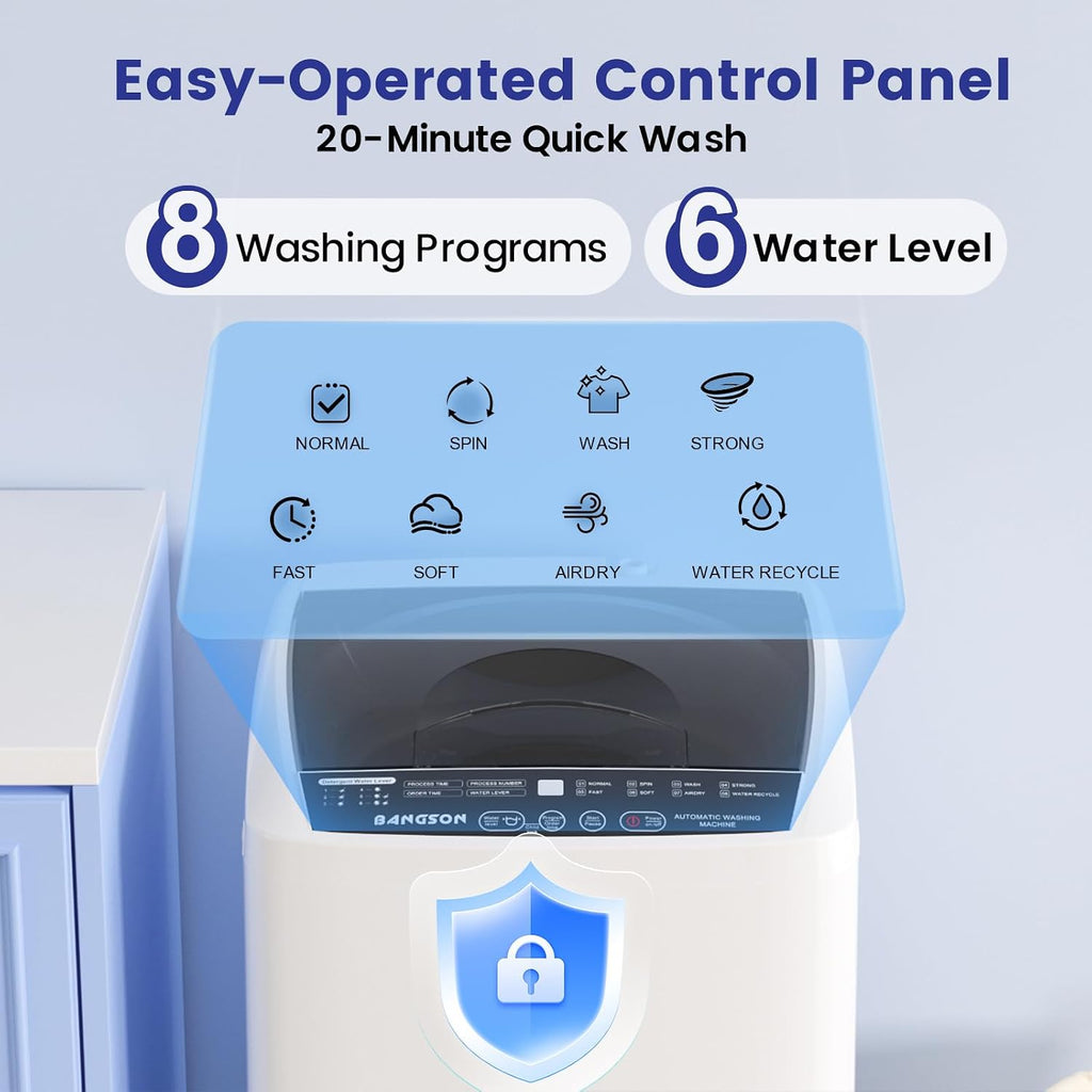 BANGSON 1.31cu.ft Portable Washing Machine, Full-Automatic washing Machine with 8 Programs 6 Water Levels, Drain Pump and LED Display, Compact Washer for Apartments, RVs, Homes, White