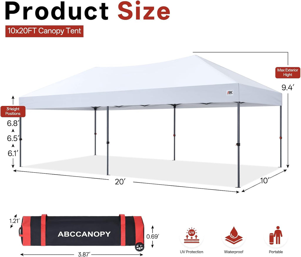 ABCCANOPY 10x20 Pop Up Canopy Tent, Easy Setup Instant Shelter with Wheeled Bag, Heavy Duty Outdoor Canopy for Beach, Market, Backyard, UV Protection, Outdoor Weather Protection (White, 10x20)