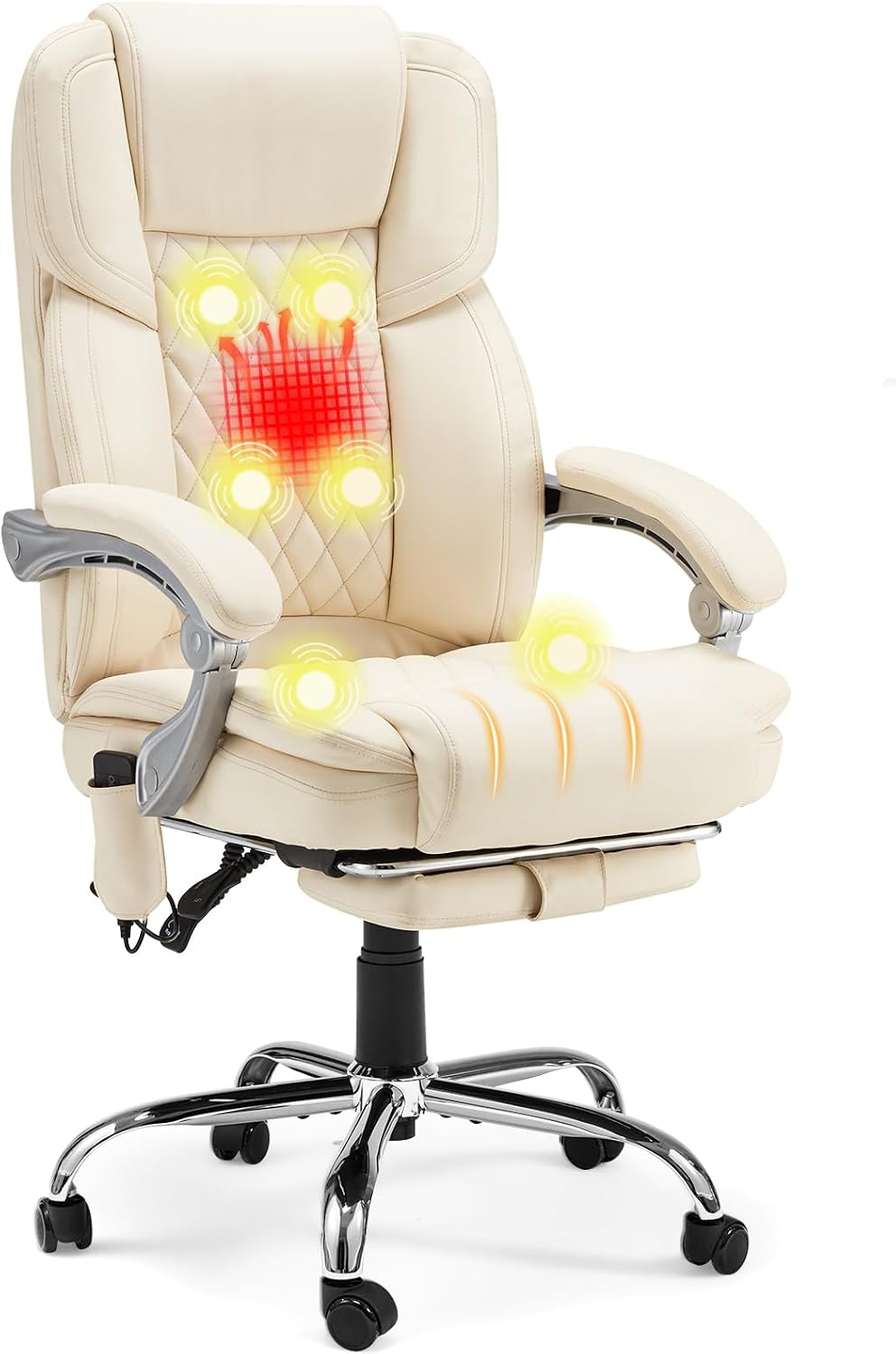 HOMREST Executive Office Chair with Footrest, 6-Point Massage Office Chair with Reclining Backrest, Heated Leather Computer Chair for Home Office(Cream)