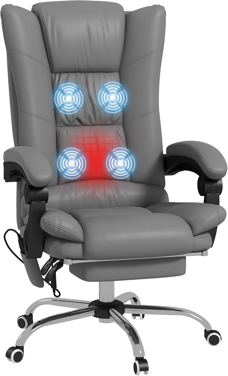 Vinsetto Executive Massage Office Chair with 4 Vibration and Heat, 3 Modes, PU Leather Swivel Chair with Adjustable Height, Reclining Back, and Footrest, Gray