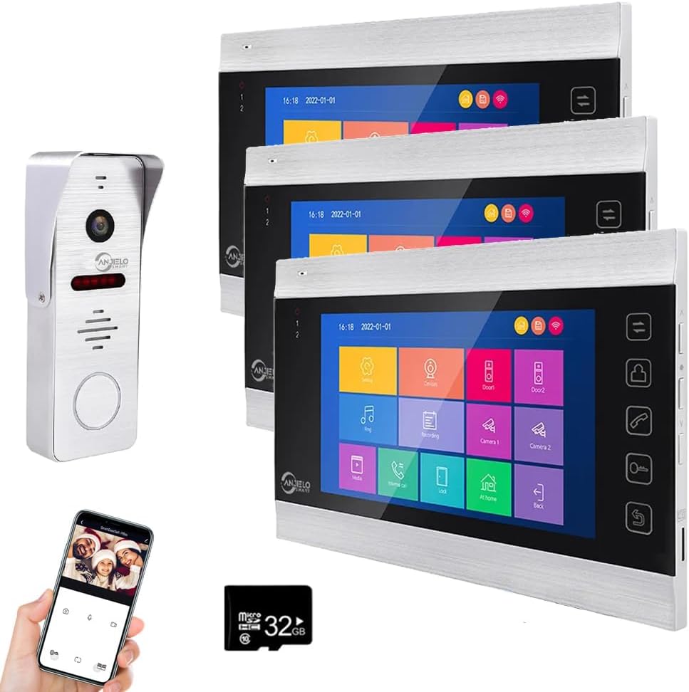 WiFi Video Intercom System with 1080P 160°Wide HD Camera 7 lnch Wired Screen Monitor with Night Vision Motion Detect for Vally Apartment,Tuya (one doorbell,Three Monitor)
