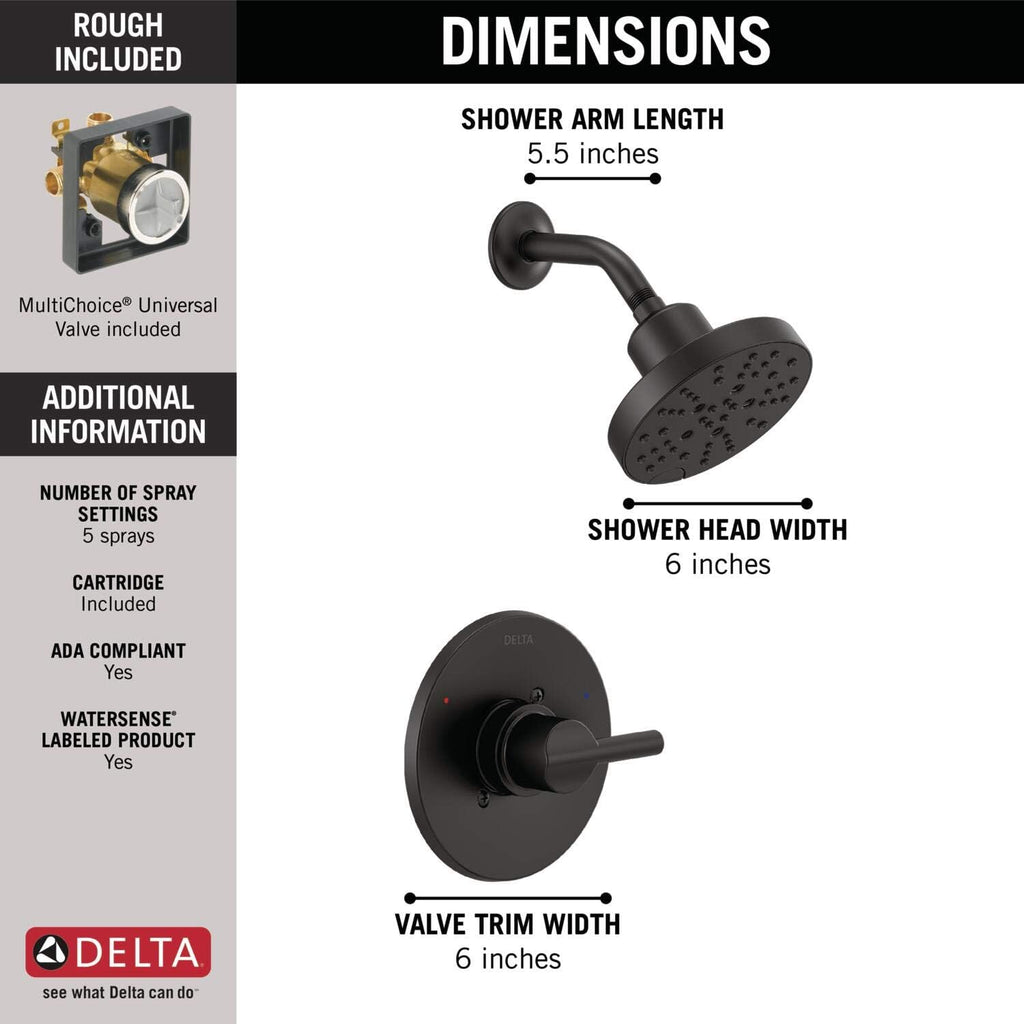 Delta Nicoli 14 Series H2Okinetic Shower Faucet Set, Matte Black Shower Head and Handle Set, Valve Trim Kit, Matte Black 142749-BL (Shower Valve Included)