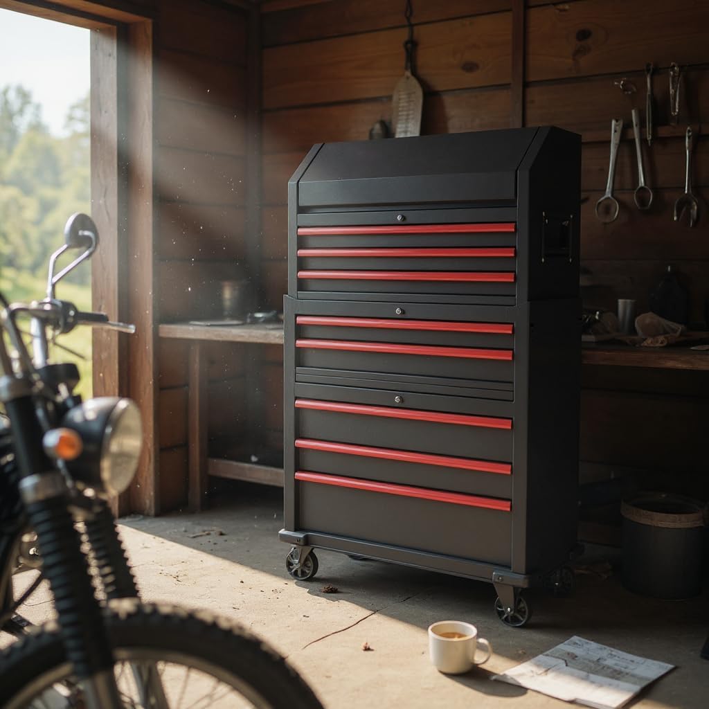 Industrial Grade 8-Drawer Tool Chest and Cabinet Combo, Rolling Casters, Black with Red Accents, 18' D x 36' W x 68' H.Perfect Addition to Any Work Area or Garage.