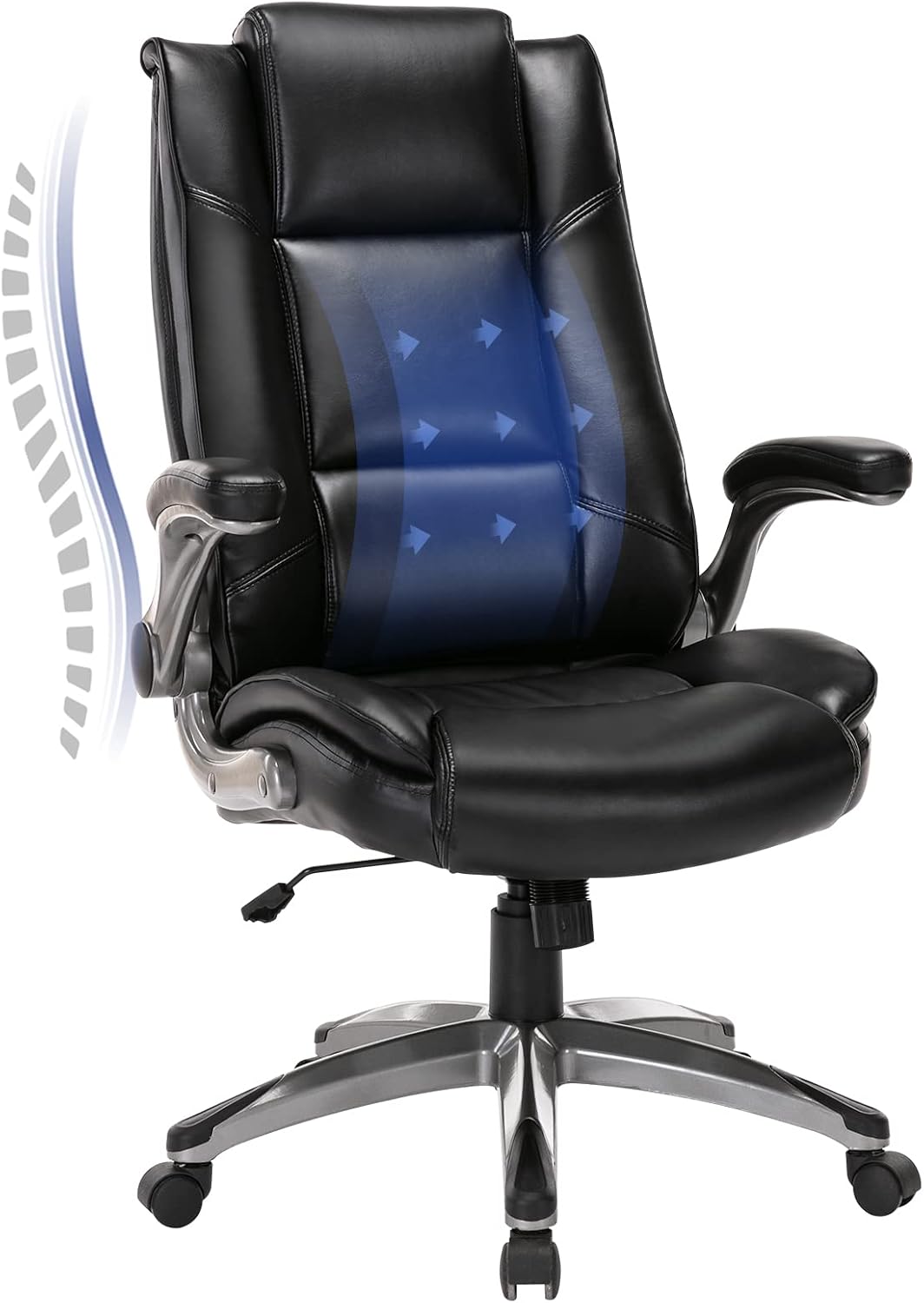 COLAMY Leather Executive Office Chair - High Back Ergonomic Home Computer Desk Chair with Padded Flip-up Arms, Adjustable Tilt Lock, Swivel Rolling Chair for Adult Working Study, Black
