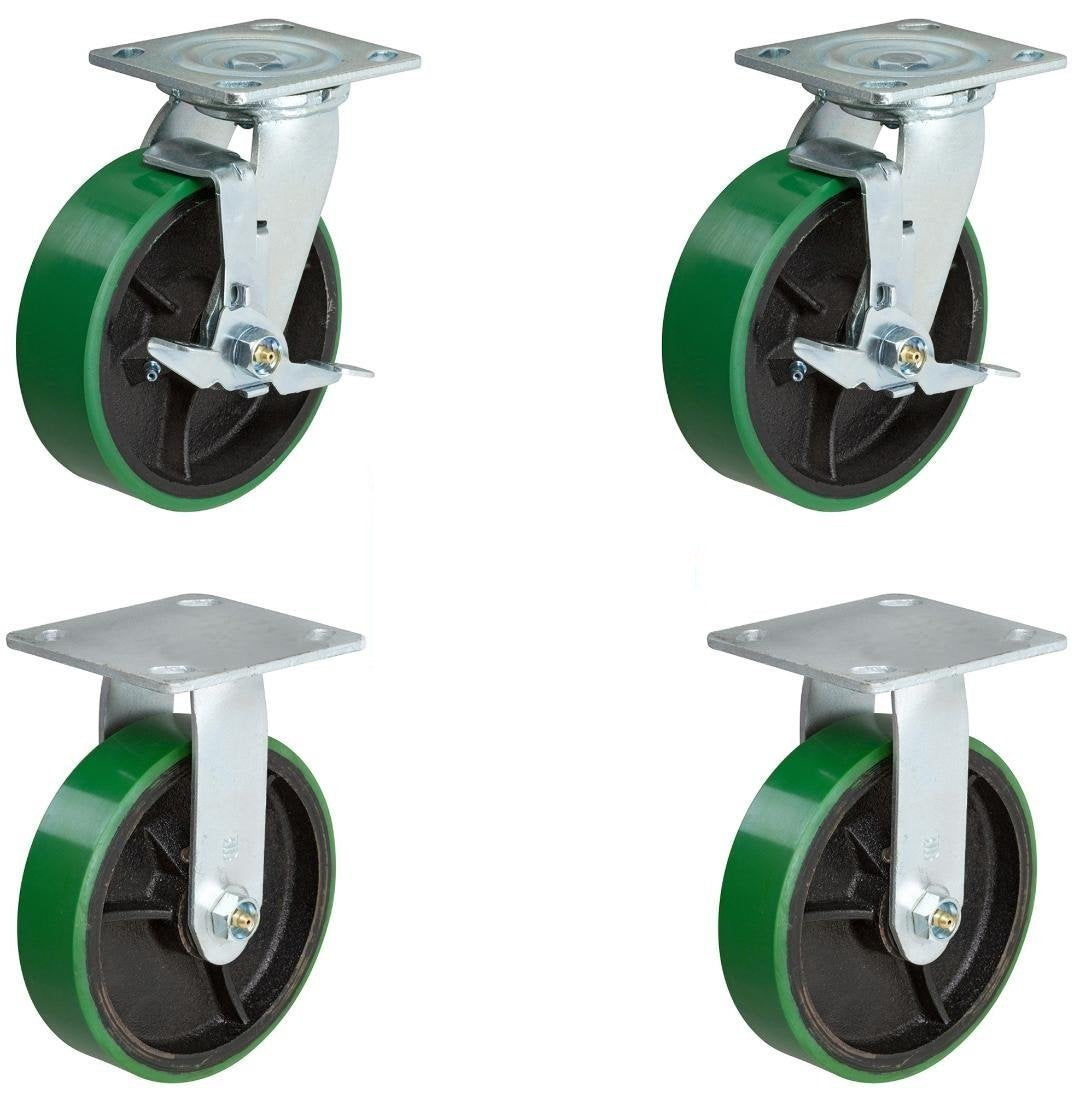 CasterHQ Set of 4 Heavy Duty Casters - 6' x 2' Heavy Duty Caster Set - 2 Swivel with Brake and 2 Fixed - Green Polyurethane Tread on Steel Core - Set of 4 Quality Toolbox Replacement Casters - 4 Pack