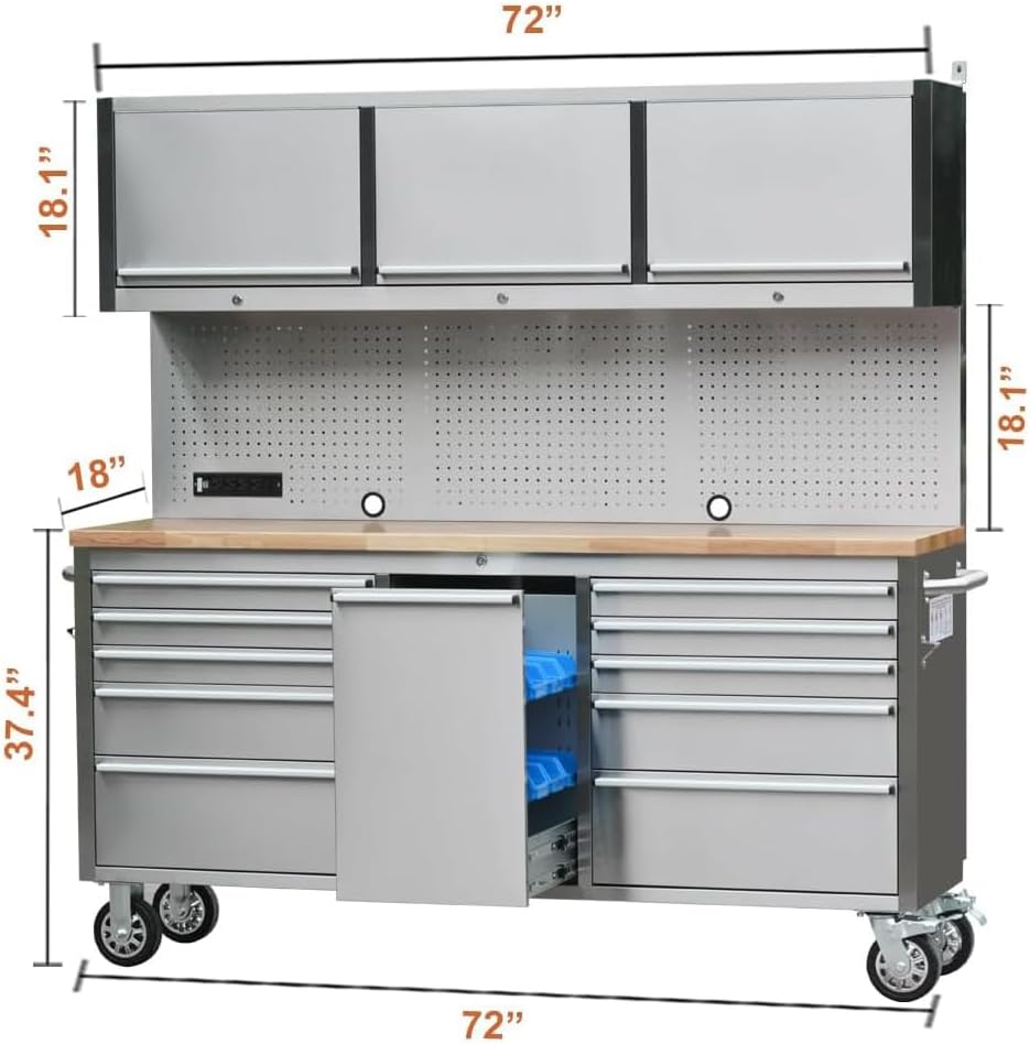AnorTrek 72 inch Stainless Steel Tool Chest with 11 Drawer & 3 Up Cabinet & Pegboard, Large Lockable Mobile Workbench with 6 Blue Storage Bins, Rolling Tool Cabinet for Garage, Workshop