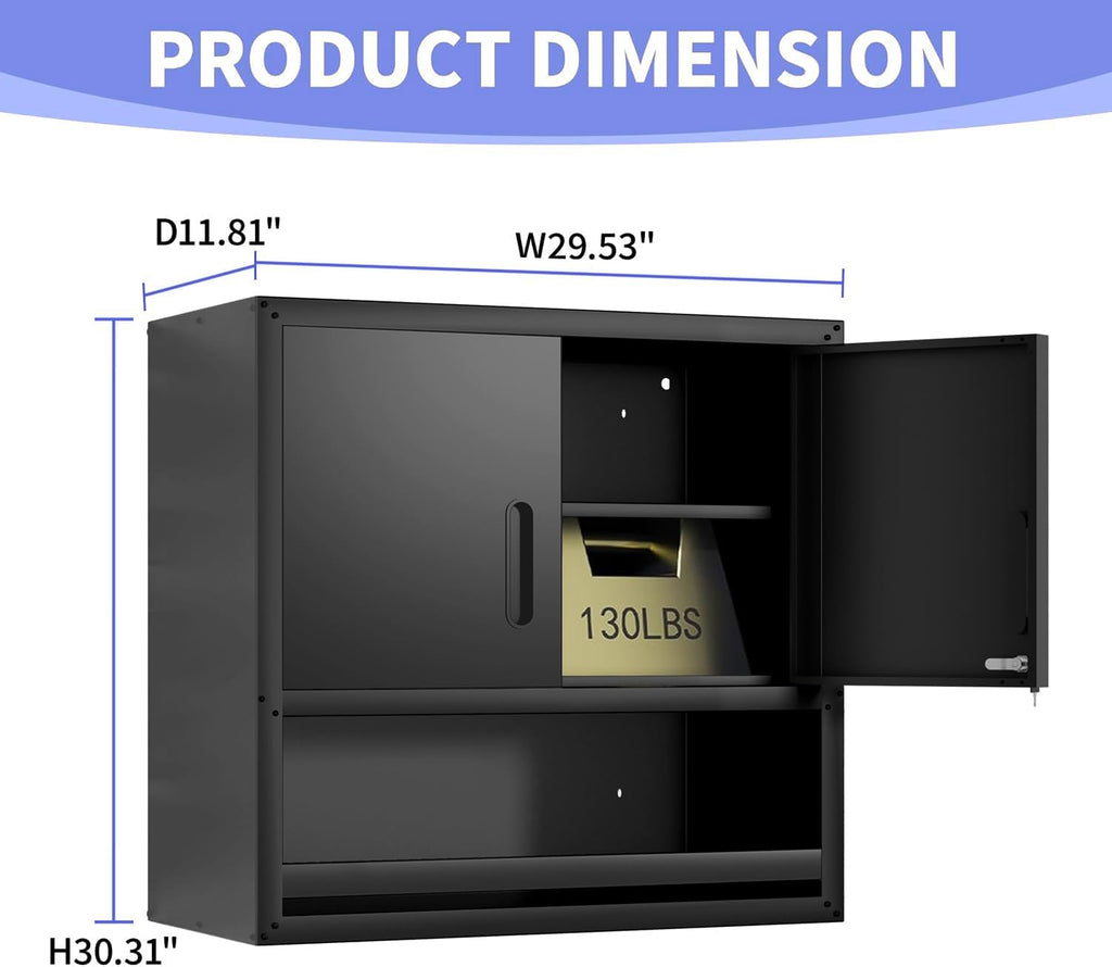 Metal Garage Wall Cabinet with Lock, Wall Mounted Metal Storage Cabinets with Doors and Shelf, Lockable Floating Tool Storage for Garage Basement Utility Room