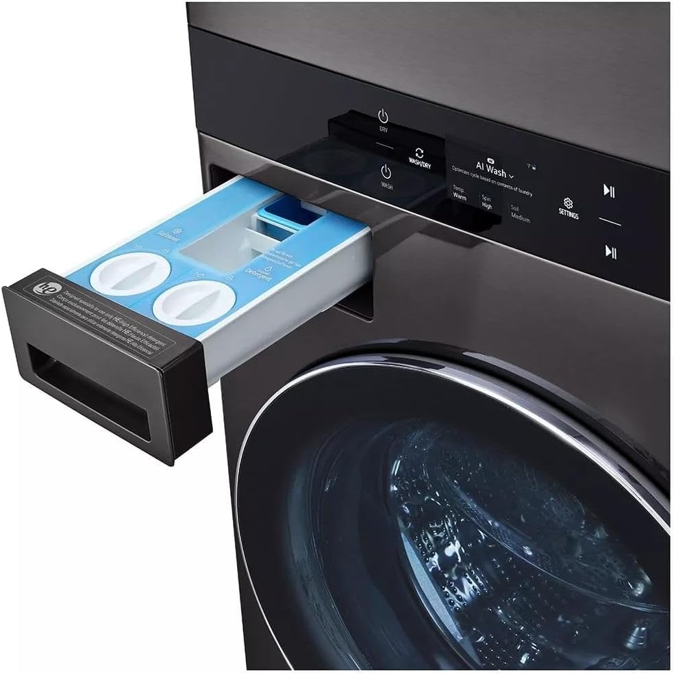 LG WashTower Stacked Smart Laundry Center 5.0 Cu.Ft. Front Load Washer & 7.4 Cu.Ft. Electric Dryer in Black Steel w/Steam