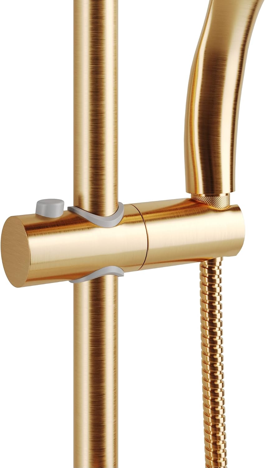 PULSE ShowerSpas Kauai III Brushed Gold Rain Shower Head with Handheld Spray - 1.8 GPM, 8' Showerhead, 5-Function HandShower, Adjustable Slide Bar - Shower Heads with Handheld Spray Combo