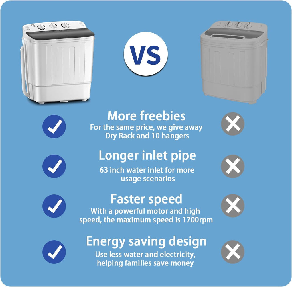 Erivess Compact Portable Mini Twin Tub 18lbs Washing Machine, Get Dry Rack and 10 hangers for free! Washer and Spin Cycle Combo, for Camping, Apartments, Dorms, RVs(Black)