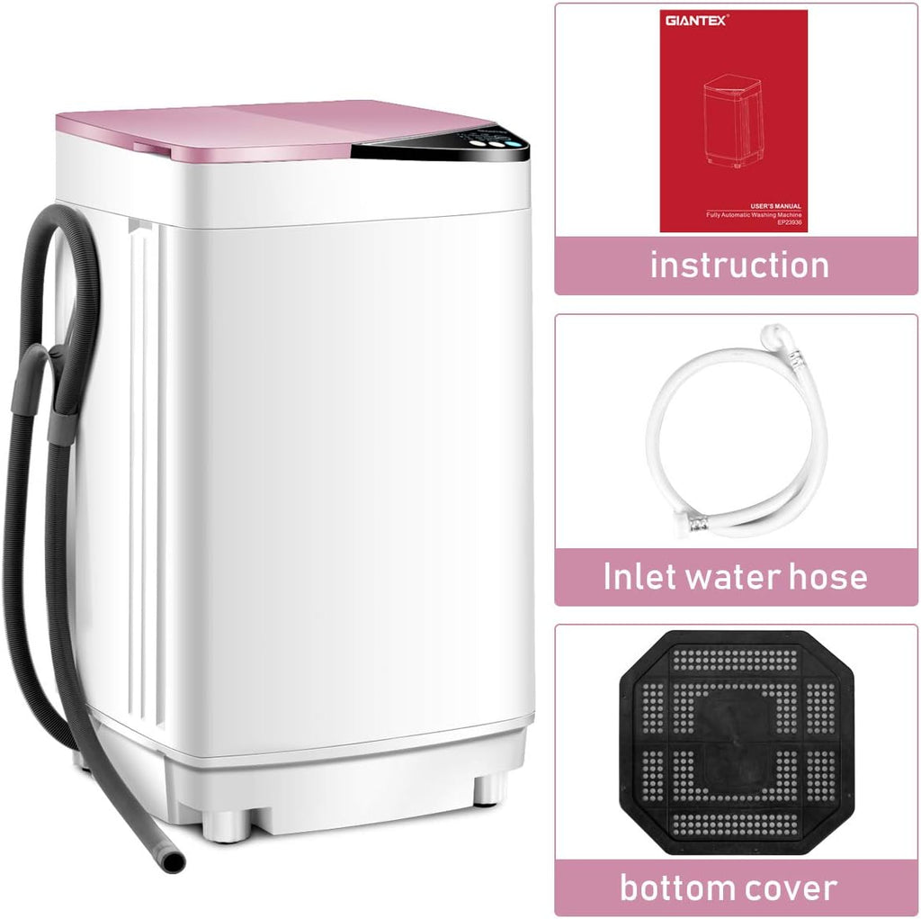 Waterjoy Portable Washing Machines, 7.7 lbs Load Capacity Portable Washer and Dryer Combo with Built-in Barrel Light & LED Display for Household and Apartment （Pink）