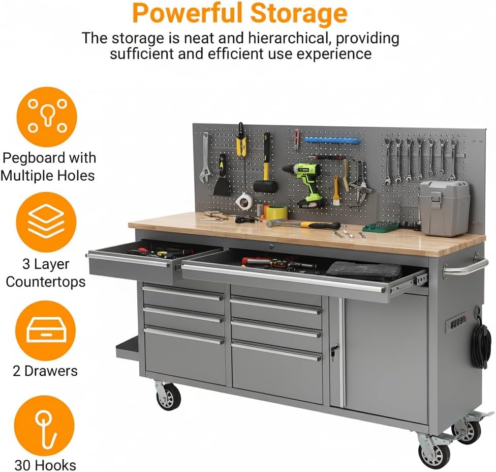 IDEALHOUSE 61-inch Rolling Tool Chest, 10 Drawers Garage Workbench Storage Tool Cabinet with Power Strip, Solid Rubber Wood Top, 1675 LBS Load Mobile Workstation, Heavy Duty Rolling Cabinet, Silver