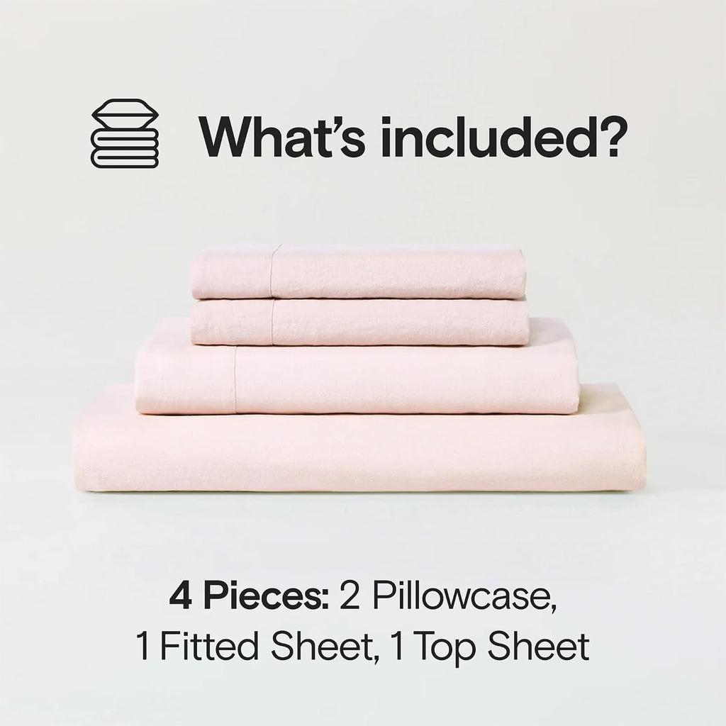 Sijo Stone Washed Organic French Linen Bed Sheet Set, GOTS Certified Organic, Best Cooling Linen Sheet Award by Sleep Foundation, 4 Piece - 2 Pillowcases, 1 Fitted and 1 Flat (Blush, Queen)