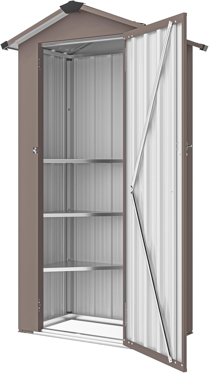 Metal Garden Storage Shed with Lockable Door, Garden Tool Shed with Adjustable Shelves (Brown)
