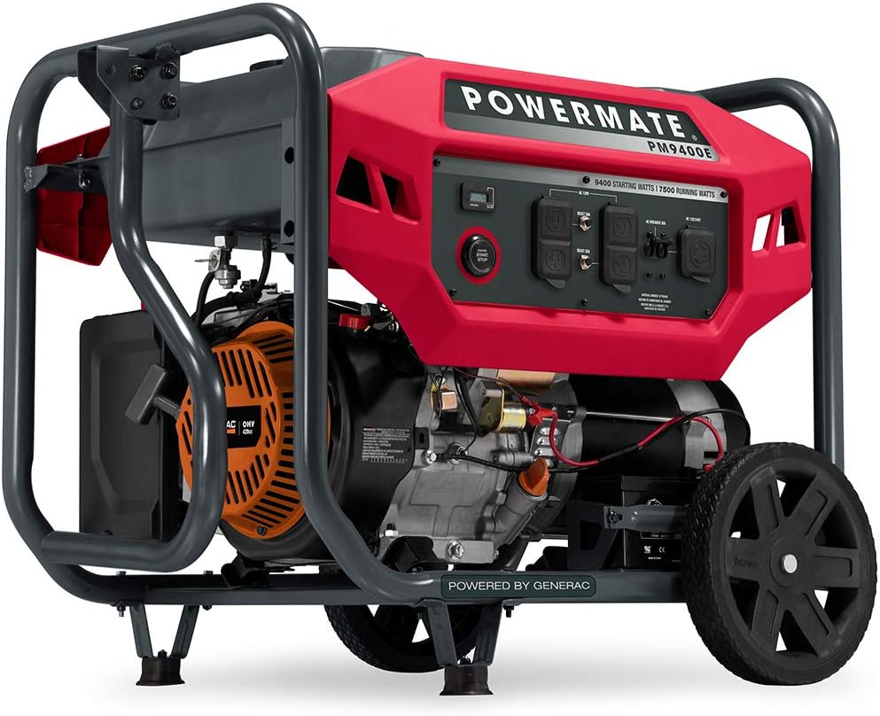 Powermate PM9400E 9,400-Watt Gas-Powered Portable Open Frame Generator - Electric Start - Quiet Operation - Ideal for Home and Outdoor Activites - Engine Powered by Generac - Red/Black