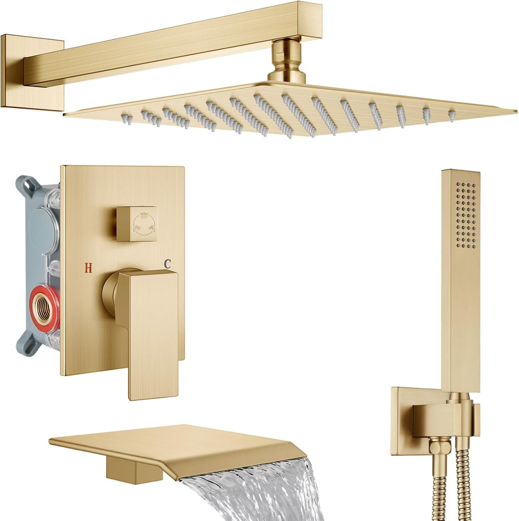 Midanya Shower System with Tub Spout,Bathtub Shower Faucet Set with Square Rainfall Head and Handheld Sprayer Wall Mount Tub Faucet Set with Valve and Trim Kit,12 Inch Brushed Gold