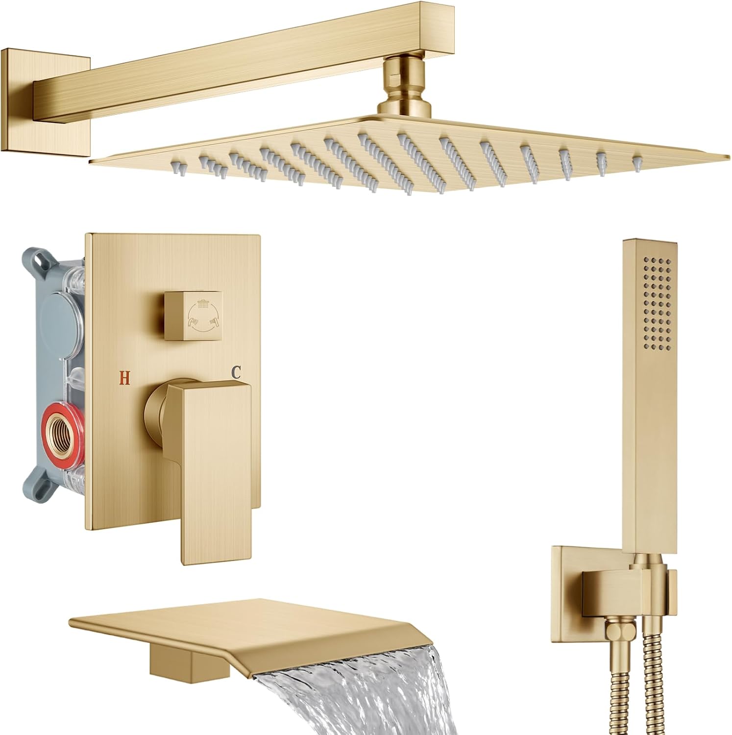 Midanya Shower System with Tub Spout,Bathtub Shower Faucet Set with Square Rainfall Head and Handheld Sprayer Wall Mount Tub Faucet Set with Valve and Trim Kit,12 Inch Brushed Gold