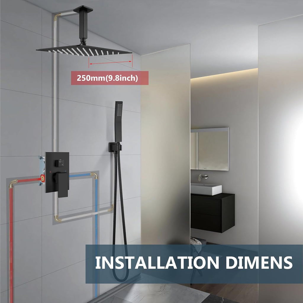 Aolemi Ceiling Mount Shower System Rain Shower Head with Handheld Spray High Pressure Shower Faucet Set Rough-in Valve Shower Trim Kit Included Bathroom Matte Black 10 Inch Ceiling Shower Head