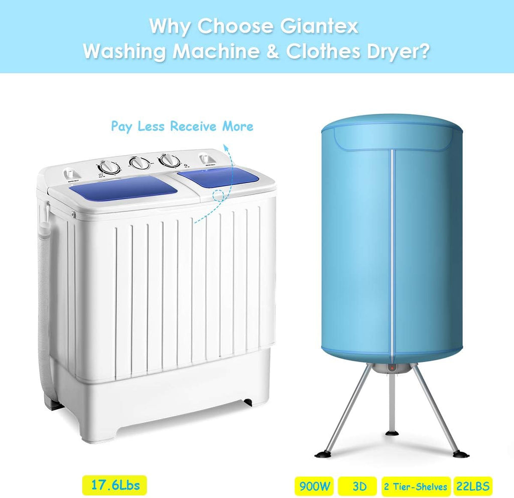 Giantex 17.6lbs Portable Washing Machine, 900W Clothes Dryer, Electric Laundry Dryer and Heater, Washer & Spinner Combo with Ventless Heating Stand for Apartment Travel RV